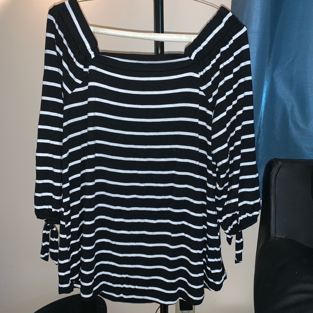 Off the shoulder, striped black and white shirt
